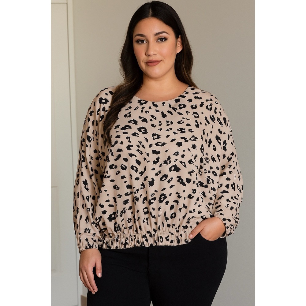 FATE womens Blouse Size Large Beige Animal Print Long Sleeve Round Neck